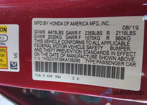 2019 Honda Accord Sport z USA, uszkodzony, nr VIN 1HGCV1F35KA156295